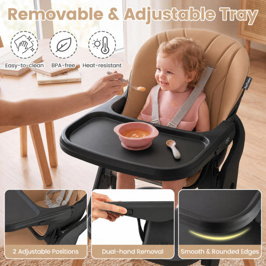 7-in-1 Convertible Foldable Baby High Chair with Adjustable Tray for Kids-Brown