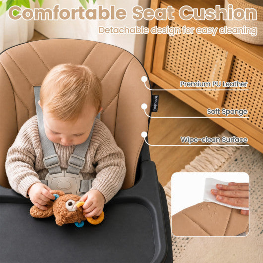 7-in-1 Convertible Foldable Baby High Chair with Adjustable Tray for Kids-Brown