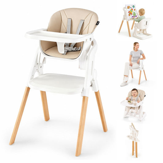 7-in-1 Convertible Foldable Baby High Chair with Adjustable Tray for Kids-Beige
