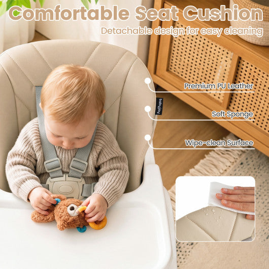 7-in-1 Convertible Foldable Baby High Chair with Adjustable Tray for Kids-Beige