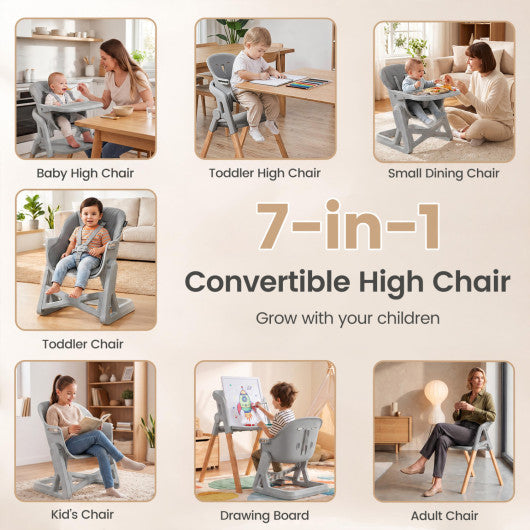 7-in-1 Convertible Foldable Baby High Chair with Adjustable Tray for Kids-Gray