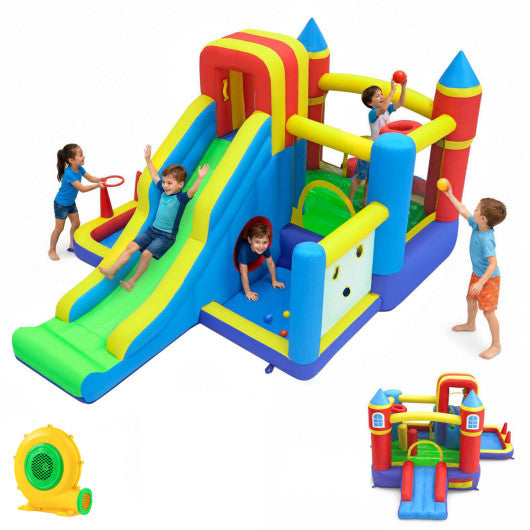 7-in-1 Inflatable Bounce House with Slide and Ball Pit and 680W Blower for Kids