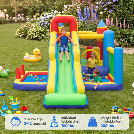 7-in-1 Inflatable Bounce House with Slide and Ball Pit and 680W Blower for Kids