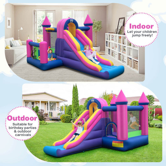 7-in-1 Kids Inflatable Bounce House with Long Slide and 735W Blower
