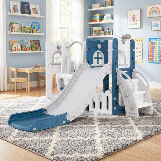 7-in-1 Toddler Swing and Slide Set L-shaped with Ladder and Basketball Hoop-Blue
