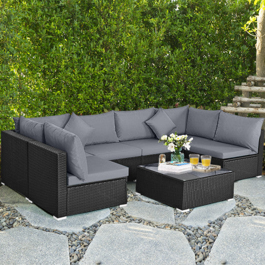 7 Pieces Sectional Wicker Furniture Sofa Set with Tempered Glass Top Coffee Table-Gray