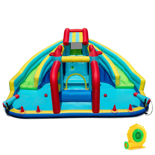 Inflatable Double Water Slide Park with Obstacle Course and 680W Blower