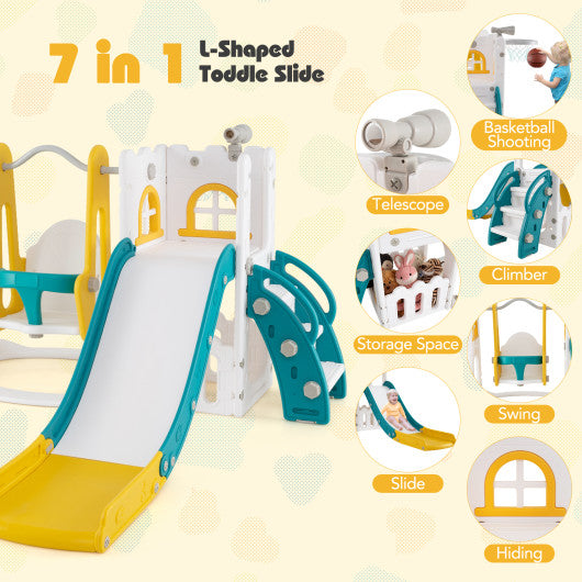 7-in-1 Toddler Swing and Slide Set L-shaped with Ladder and Basketball Hoop-Yellow