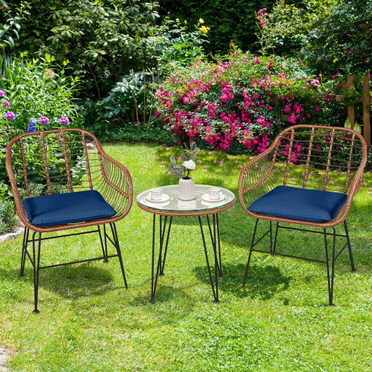 3 Pieces Patio Rattan Bistro Set with Cushion-Navy