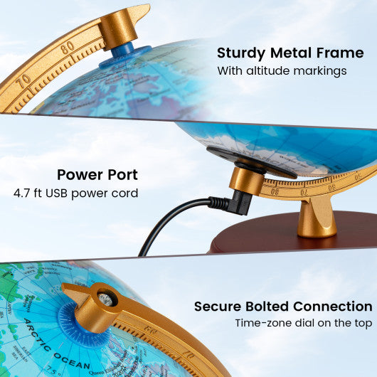8 Inch Illuminated World Globe Night Light up Globe Lamp with Wooden Stand and HD Map-Blue