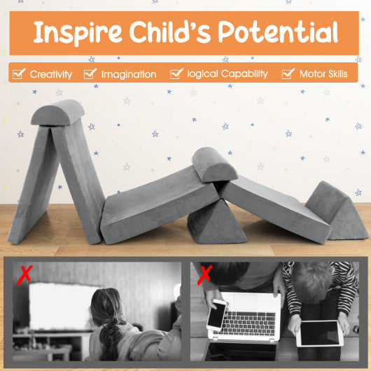 6 Pieces Convertible Kids Sofa Playset with Zipper-Gray