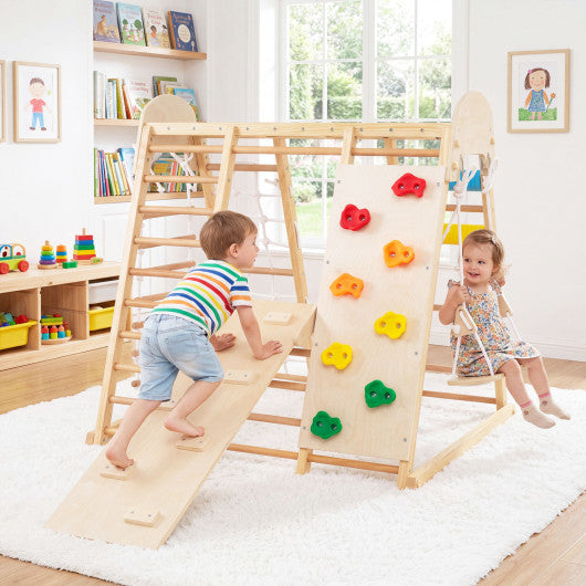 8-in-1 Foldable Indoor Jungle Gym for Kids with Swing and Monkey Bars-Natural