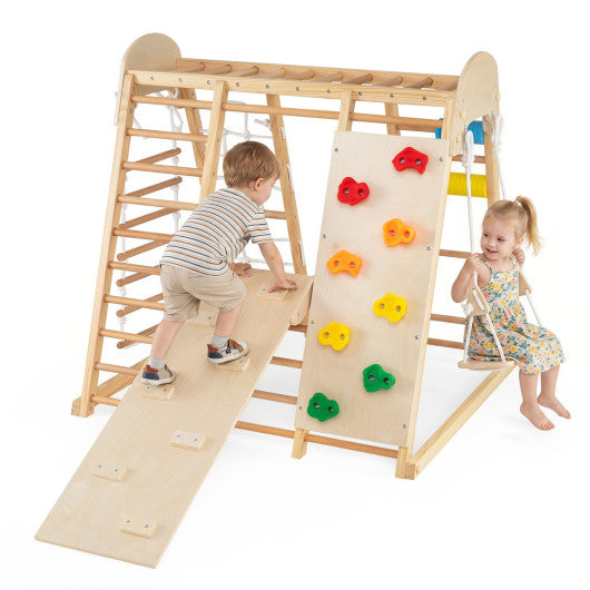 8-in-1 Foldable Indoor Jungle Gym for Kids with Swing and Monkey Bars-Natural