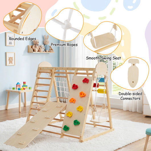 8-in-1 Foldable Indoor Jungle Gym for Kids with Swing and Monkey Bars-Natural