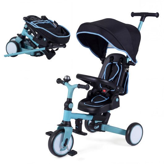 8-in-1 Folding Kids Tricycle with Removable Canopy and Push Handle-Blue