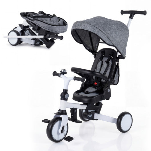 8-in-1 Folding Kids Tricycle with Removable Canopy and Push Handle-Gray
