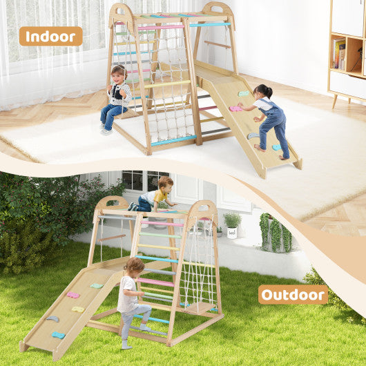8-in-1 Jungle Gym Wooden Montessori Climber Playset with Slide and Monkey Bar for Kids 3-5 Years Old-Multicolor