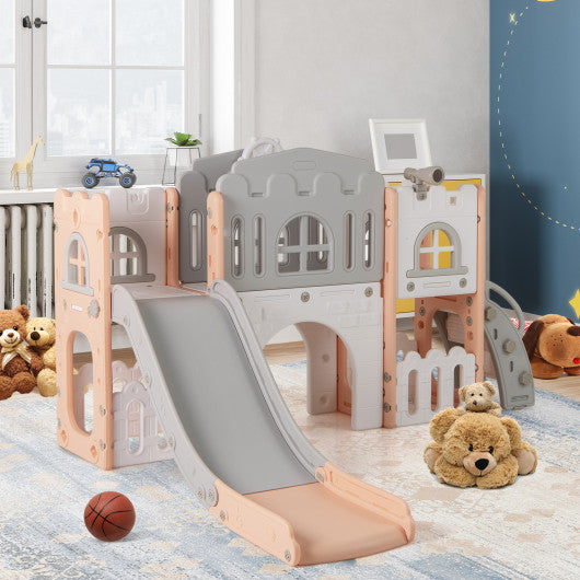 All-in-1 Toddle Slide Playset Playground with Tunnel and Ladder and Basketball-Pink