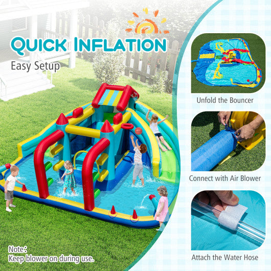 Inflatable Double Water Slide Park with Obstacle Course and 680W Blower