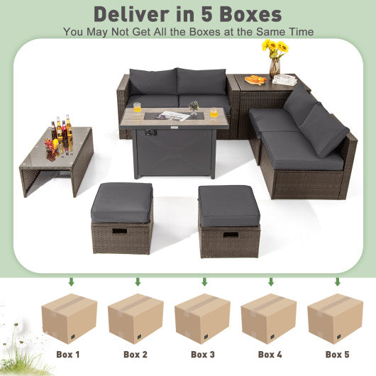9 Pieces Outdoor Patio Furniture Set with 42 Inch Propane Fire Pit Table-Gray