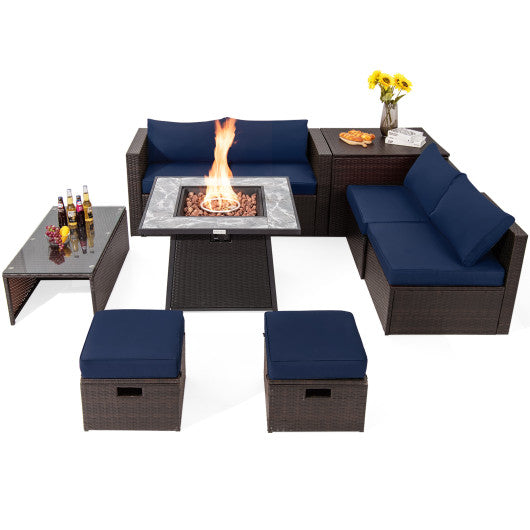 9 Pieces Patio PE Wicker Sectional Set with 50000 BTU Fire Pit Table-Navy