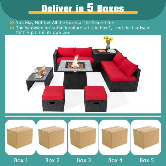9 Pieces Patio PE Wicker Sectional Set with 50000 BTU Fire Pit Table-Red