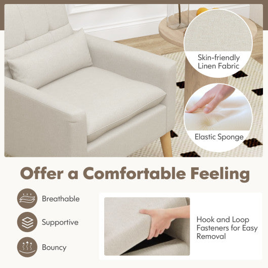 Accent Chair with Lumbar Pillow  Natural Rubber Wood Legs  Padded Cushions-Beige