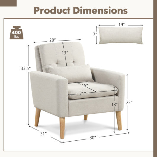 Accent Chair with Lumbar Pillow  Natural Rubber Wood Legs  Padded Cushions-Beige