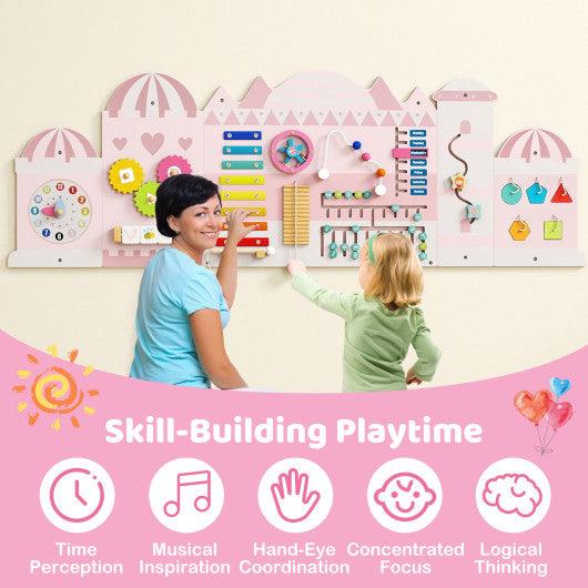 Activity Wall Busy Board Panels for Toddlers Wooden Sensory Board-Pink