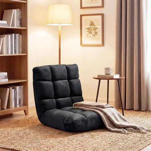 Adjustable 14-Position Floor Chair with Soft Flannel Cover and Heavy Duty Metal Support for Adults-Black