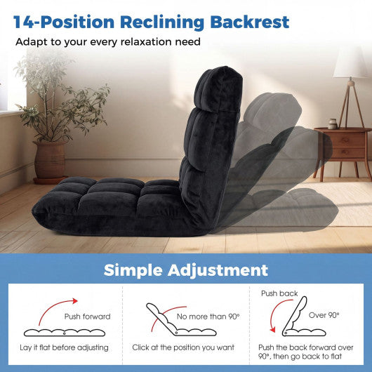Adjustable 14-Position Floor Chair with Soft Flannel Cover and Heavy Duty Metal Support for Adults-Black