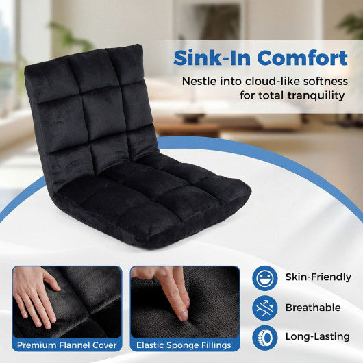 Adjustable 14-Position Floor Chair with Soft Flannel Cover and Heavy Duty Metal Support for Adults-Black