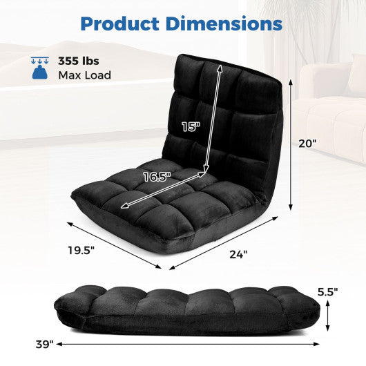 Adjustable 14-Position Floor Chair with Soft Flannel Cover and Heavy Duty Metal Support for Adults-Black