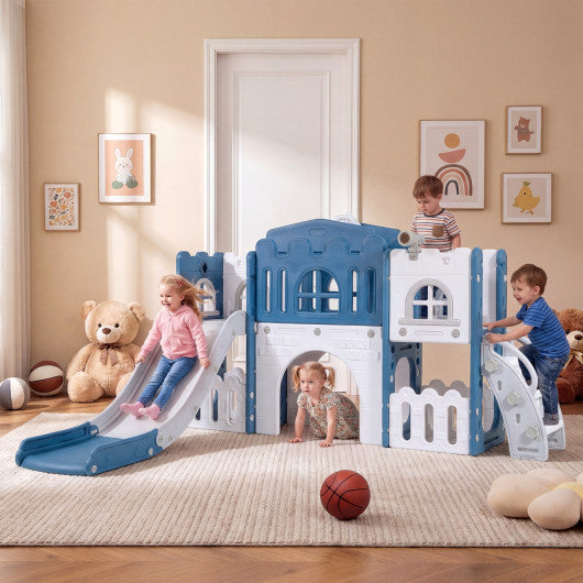 All-in-1 Toddler Slide Playset Playground with Tunnel and Ladder and Basketball-Blue
