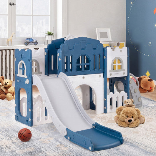 All-in-1 Toddler Slide Playset Playground with Tunnel and Ladder and Basketball-Blue