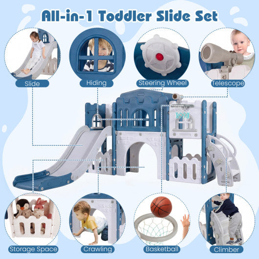 All-in-1 Toddler Slide Playset Playground with Tunnel and Ladder and Basketball-Blue