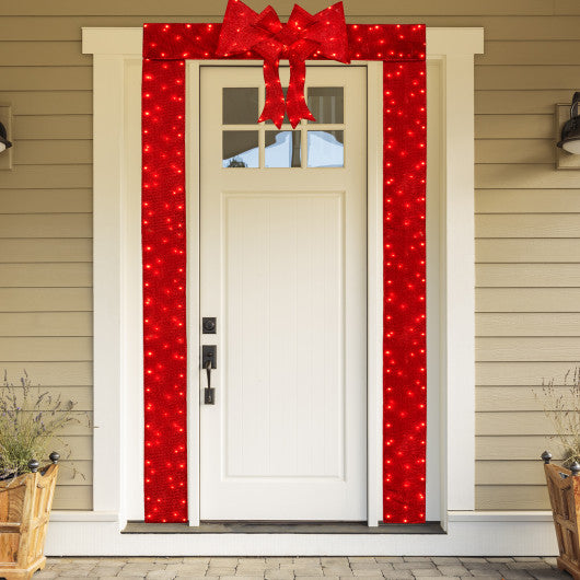 Lighted Christmas Tinsel Doorway Arch with Removable Bow for Roof Door Fireplace