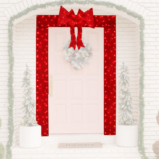 Lighted Christmas Tinsel Doorway Arch with Removable Bow for Roof Door Fireplace