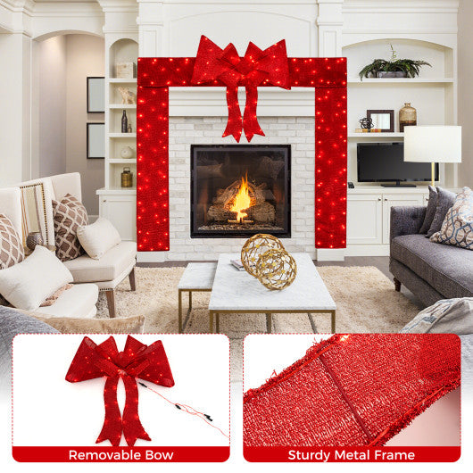 Lighted Christmas Tinsel Doorway Arch with Removable Bow for Roof Door Fireplace