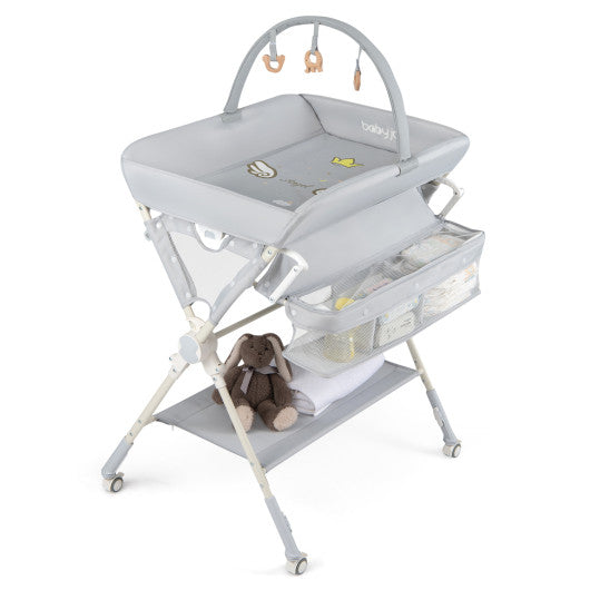 Baby Changing Table Foldable Diaper Changing Station with Storage Bag and Shelf-Gray