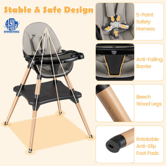 5-in-1 Baby Convertible Wooden High Chair with Detachable Tray-Black