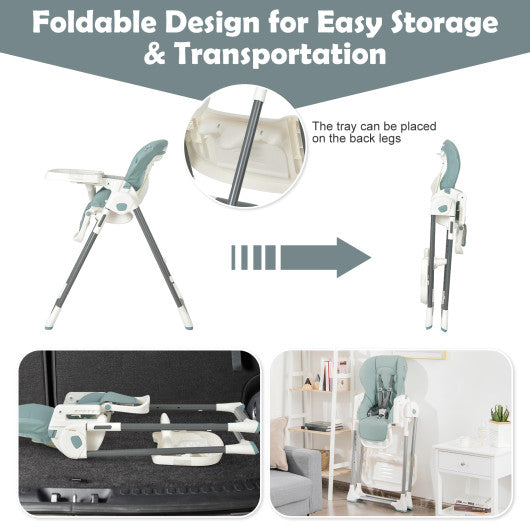 Foldable Baby High Chair with Double Removable Trays and Book Holder-Green