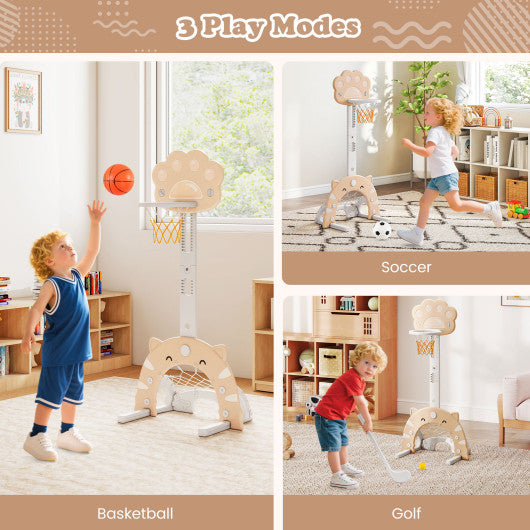 3 in 1 Kids Basketball Hoop with Basketball and Foldable Rim-Beige