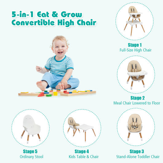 5-in-1 Baby Wooden Convertible High Chair-Khaki