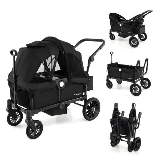 2 Seater Push Pull Collapsible Kids Wagon Stroller with Adjustable Handlebars-Black