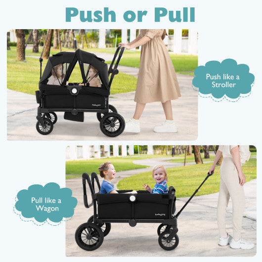 2 Seater Push Pull Collapsible Kids Wagon Stroller with Adjustable Handlebars-Black