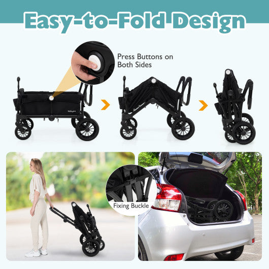 2 Seater Push Pull Collapsible Kids Wagon Stroller with Adjustable Handlebars-Black