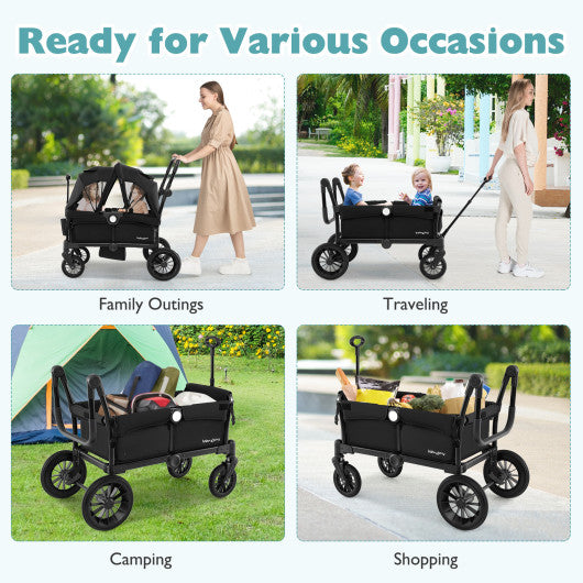 2 Seater Push Pull Collapsible Kids Wagon Stroller with Adjustable Handlebars-Black
