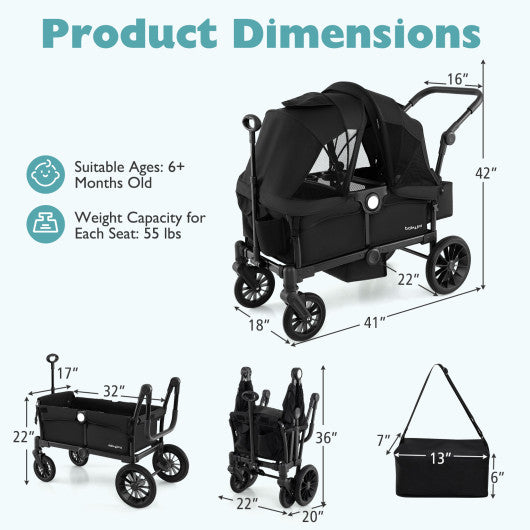 2 Seater Push Pull Collapsible Kids Wagon Stroller with Adjustable Handlebars-Black