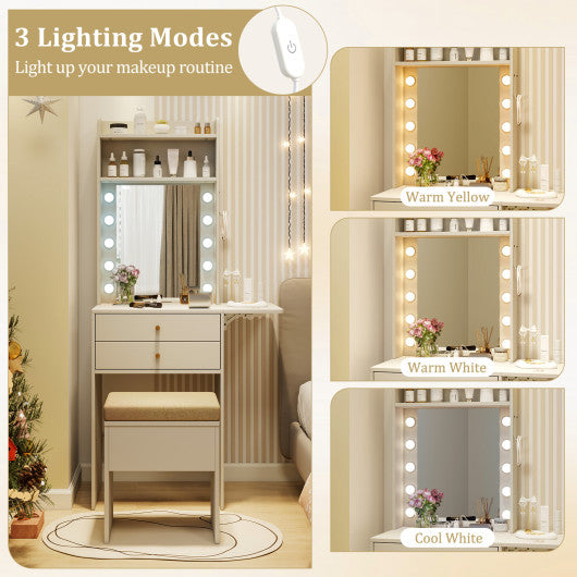 Compact Vanity Desk Set with 3-Color Lighted Mirror and Power Outlets-White